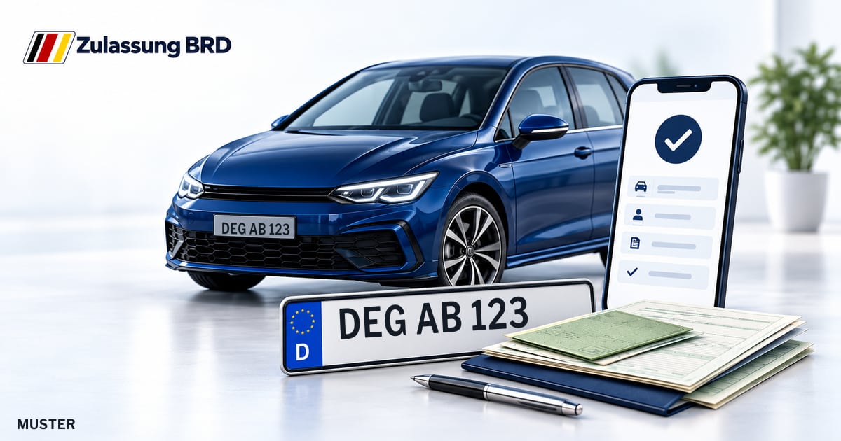 Online Fahrzeugzulassung in Osterhofen: Musterkennzeichen DEG AB 123, Auto und Fahrzeugpapiere und Smartphone. Illustration mit Logo von Zulassung BRD.